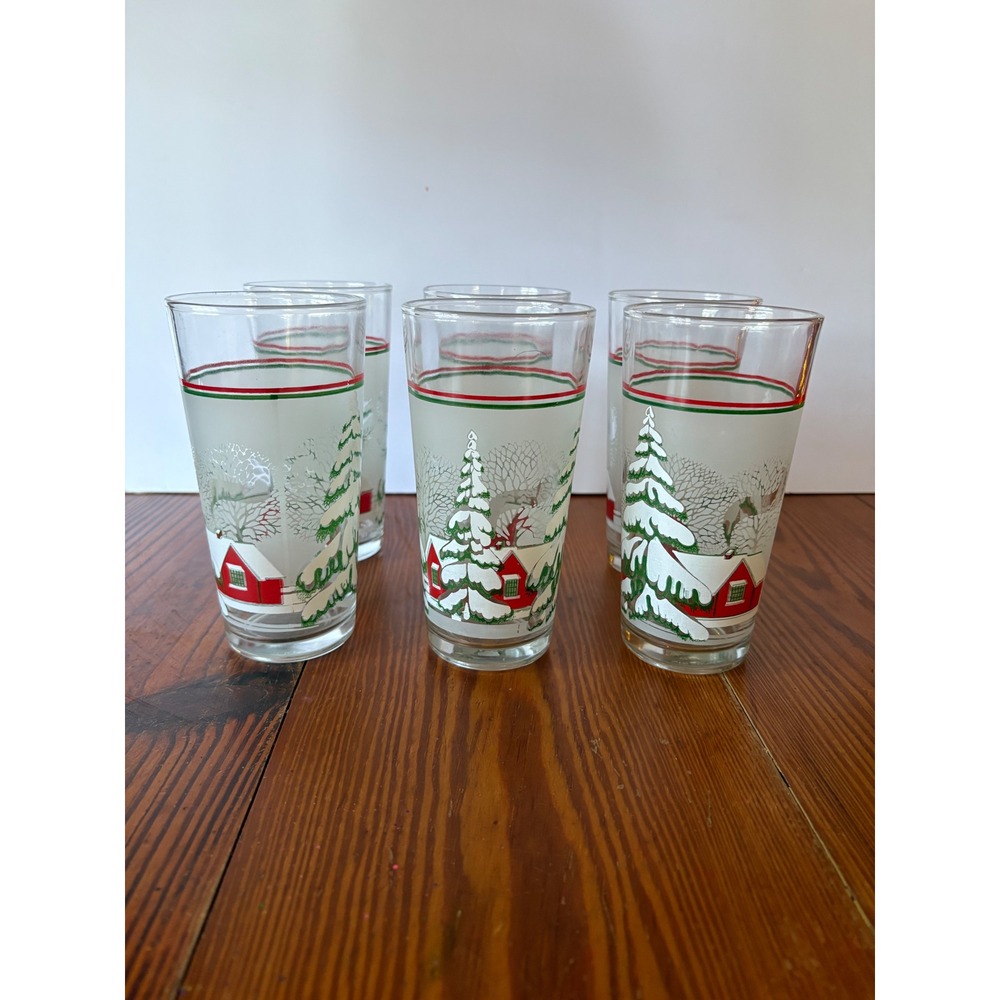 Set of 6 Vintage KIG Indonesia Christmas Tumblers Glasses Frosted Winter‎ Scene